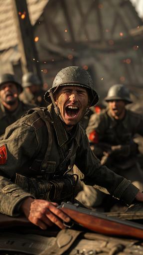 A captured enemy officer chuckles at one of Scharf's witty jokes, their guard down as they enjoy a moment of camaraderie amidst the chaos of war.hyper-realistic illustration, 4k ultra hd, cinematic, photo realism, cinematography. --ar 9:16