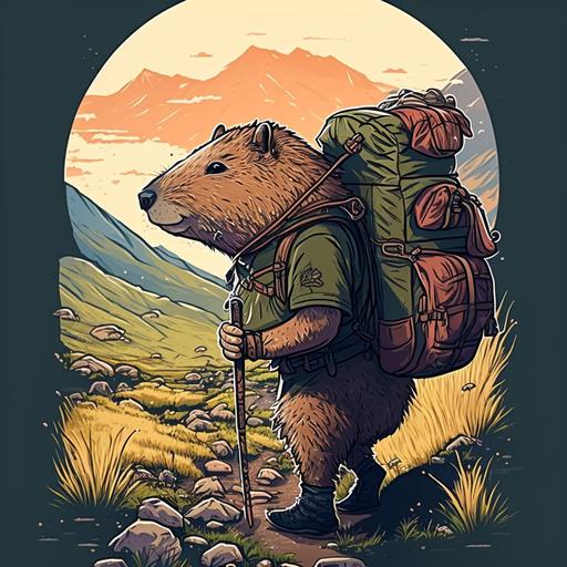 A capybara backpacker in a epic landscape, cartoon illustration profile pic