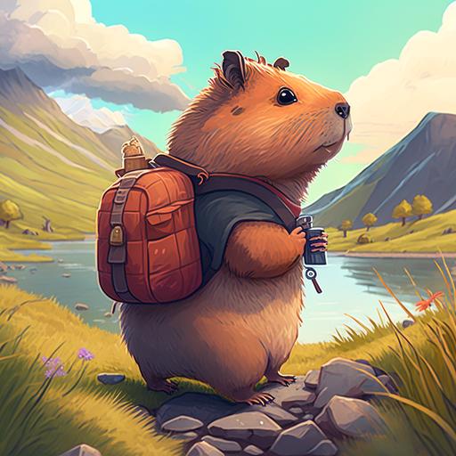 A capybara backpacker in a epic landscape, cartoon illustration profile pic