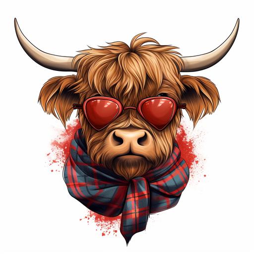 A cartoon Highland cow sitting wearing red heart-shaped glasses and a bandana on its head white background