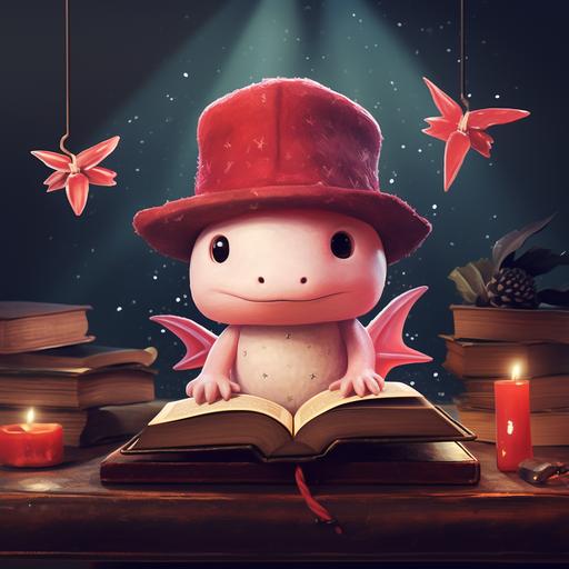 A cartoon axolotl wearing a witche's hat and casting spells out of a red leather book.