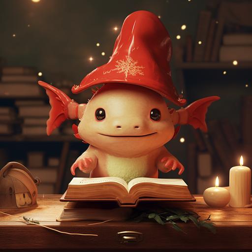 A cartoon axolotl wearing a witche's hat and casting spells out of a red leather book.