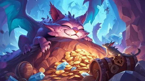 A cartoon cat-dragon that looks like a dragon lies on a mountain of cat treasures toys, guards the treasures like a dragon, looks like a Cheshire cat. In a cave underground in the center in the distance. Image from the game Hearthstone. In the style of joyful chaos. By Fenghua zhong. By Nicola Saviori. Painterly dynamic brushwork. Playful expressions. Boldly textured surfaces. In a dark background. Joyful and optimistic. Cartoonish caricatures. Inventive character designs. In the style of dark sky-blue and magenta. Colorful. Award-winning --chaos 0 --ar 16:9 --stylize 500 --sw 50 --sref    --niji 6