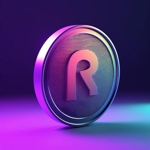 A cartoon coin with an R icon, C4D filter style, glow, edge light, grass light, 3S material, 3D style, color gradient, deep purple, OC filter, smooth texture, soft light and shadow, lilac and indigo, bright light, simple, white background, 8K --s 750 --v 5.0