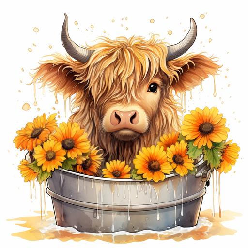 A cartoon cute highland cow is looking forward from a rustic tub with lots of flowers in it and there are lots of flowers on its head which are looking very beautiful and there are grass and grass all around the tub. Sunflowers are also planted, watercolor, flowers on head, white background