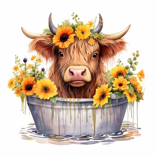 A cartoon cute highland cow is looking forward from a rustic tub with lots of flowers in it and there are lots of flowers on its head which are looking very beautiful and there are grass and grass all around the tub. Sunflowers are also planted, watercolor, flowers on head, white background