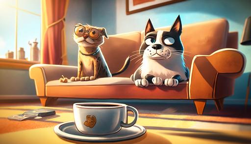 A cartoon dog and cat sitting upright on a sofa, with a coffee table in front of them, and two cups of coffee on it with steam rising up. Comical, relaxed, indoor, friendly, whimsical. Smartphone camera, wide-angle lens, morning, lifestyle photography, color film --ar 16:9