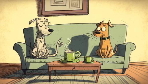 A cartoon dog and cat sitting upright on a sofa, with a coffee table in front of them, and two cups of coffee on it with steam rising up. Comical, relaxed, indoor, friendly, whimsical. Smartphone camera, wide-angle lens, morning, lifestyle photography, color film --ar 16:9