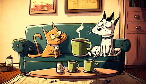 A cartoon dog and cat sitting upright on a sofa, with a coffee table in front of them, and two cups of coffee on it with steam rising up. Comical, relaxed, indoor, friendly, whimsical. Smartphone camera, wide-angle lens, morning, lifestyle photography, color film --ar 16:9