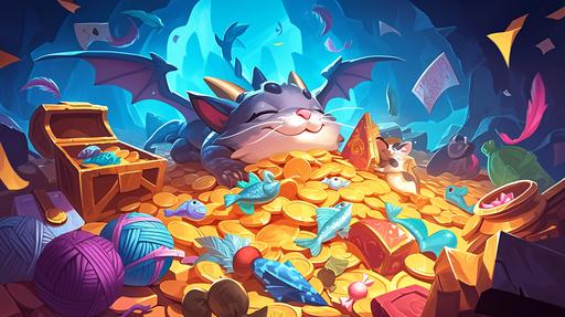 A cartoon dragoncat lies on a pile of cat toys like a dragon on a pile of treasure, looks like a Cheshire. Many cat toys: toy mouse, toy balls, yarn balls, candy wrappers, feather balls, Cat Teaser Wand, toy fish. Dragoncat lies very far in the center of the cave. Image from the game Hearthstone. In the style of joyful chaos. By Fenghua zhong. By Nicola Saviori. Painterly dynamic brushwork. Playful expressions. Boldly textured surfaces. In a dark background. Joyful and optimistic. Cartoonish caricatures. Inventive character designs. In the style of dark sky-blue and magenta. Colorful. Award-winning --chaos 3 --ar 16:9 --stylize 1000 --sw 75 --sref    --no chest --niji 6