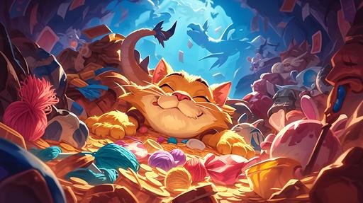 A cartoon dragoncat lies on a pile of cat toys like a dragon on a pile of treasure, looks like a Cheshire. Many cat toys: toy mouse, toy balls, yarn balls, candy wrappers, feather balls, Cat Teaser Wand, toy fish. Dragoncat lies very far in the center of the cave. Image from the game Hearthstone. In the style of joyful chaos. By Fenghua zhong. By Nicola Saviori. Painterly dynamic brushwork. Playful expressions. Boldly textured surfaces. In a dark background. Joyful and optimistic. Cartoonish caricatures. Inventive character designs. In the style of dark sky-blue and magenta. Colorful. Award-winning --chaos 3 --ar 16:9 --stylize 750 --sw 50 --sref    --no chest --niji 6