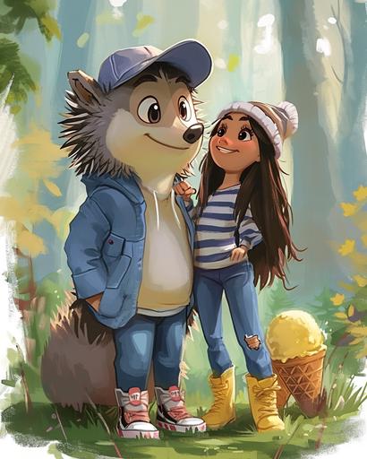 A cartoon drawing capturing the spirit of the artist Helme Heine - Tabaluga character. A vibrant illustration of a friendly hedgehog with a baseball cap on and a cheerful women, the hedgehog in soft grey and blue attire, the girl in striped navy and white with denim and bright yellow boots, posing together with a welcoming gesture against a whimsical forest background. The scene should exude warmth and friendliness, using pastel colors and soft lighting. Created Using: animated series style, rounded geometry, pastel color palette, fun fair elements, shared moment of joy, cartoonish ice cream cones, soft shading, lively expressions --ar 4:5 --v 6.0