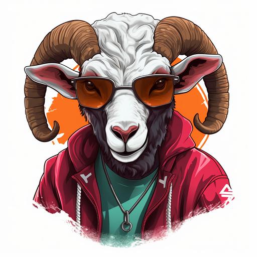 A cartoon gangster Ram Goat large horns in an 80s era hip hop outfit, t - shirt vector print white background