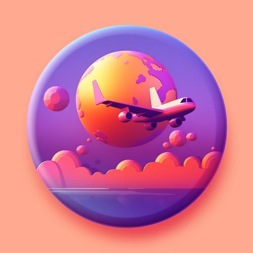A cartoon globe with a plane flying around it badge icon, C4D filter style, glow, edge light, grass light, 3S material, 3D style, color gradient, deep orange pink, OC filter, smooth texture, soft light and shadow, lilac and indigo, bright light, simple, white background, 8K --s 750 --v 5.0