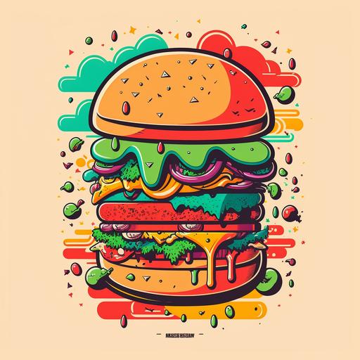 A cartoon hamburger, Doodle art, A backyard BBQ, Warm and sunny, Shades of red, yellow, and green, Casual and fun, The hamburger is drawn in a cute, quirky style, with various toppings and condiments stacked on top.
