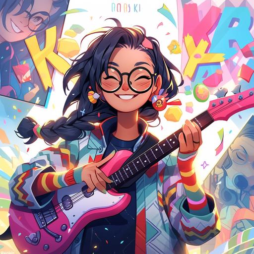 A cartoon illustration of a beautiful girl in a colorful shirt over art by mrs becca doodlefly, holding a guitar,in the style of Y2K，mixed patterns, text and emoji installations, close up, funny musical instrument symbols --niji 5 --style scenic