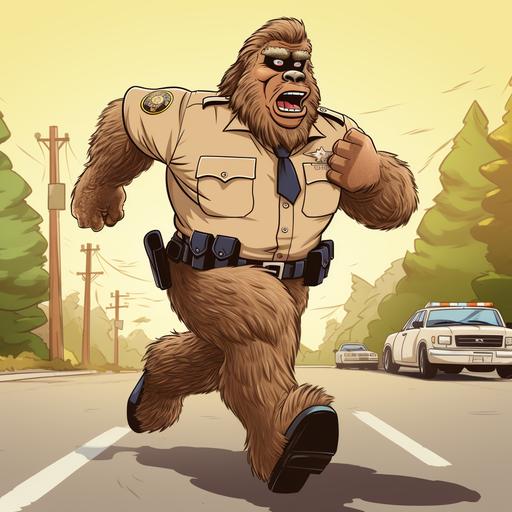 A cartoon image of Bigfoot dressed as a police officer in a tan uniform running.