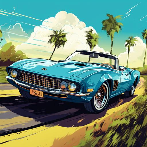 A cartoon like alligator driving a blue 1969 Camaro convertible down windy roads. Edited to look like a vintage car show poster