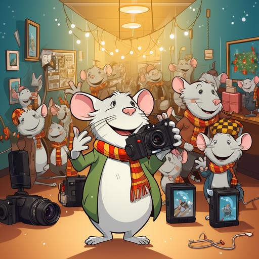A cartoon mouse sneakilyh taking a picture of other cartoon rats who are wearing badges. Set in an office. Bright colors. Lively. X'mas decor.