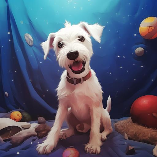 A cartoon of a white, serious dog sitting on a planet surrounded by stars and more planets playing with a ball. Fun atmosphere and fantasy style illustration