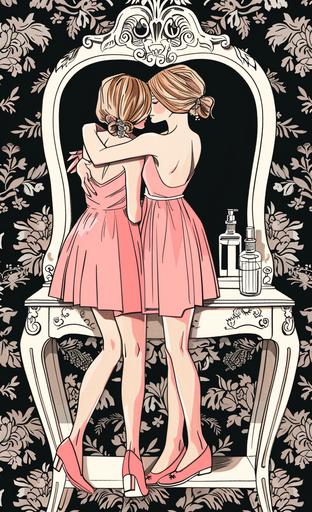 A cartoon of two women hugging in front of the mirror, wearing pink dresses and standing on top of an elegant white vanity table with perfume bottles. The background is black wallpaper with white floral patterns. in the style of Moebius --ar 39:64 --v 6.0