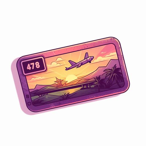 A cartoon oldschool plane ticket icon, C4D filter style, glow, edge light, grass light, 3S material, 3D style, color gradient, deep purple, OC filter, smooth texture, soft light and shadow, lilac and purple, bright light, simple, white background, 8K, facing straght to camera --s 750 --v 5.0