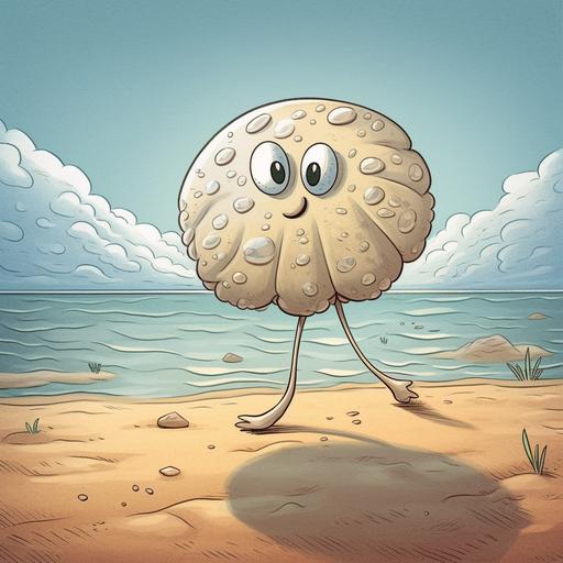 A cartoon sand dollar with two legs, walking down the sea shore