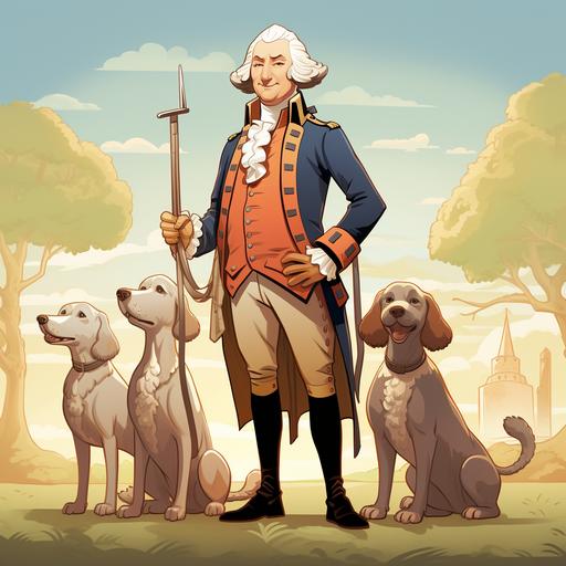 A cartoon-style George Washington standing with some of his dogs 1799--ar