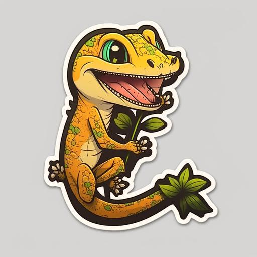 A cartoon-style gecko with a sticky tongue and a cute, mischievous grin, sticker design, cartoon style, ultra details, 8k