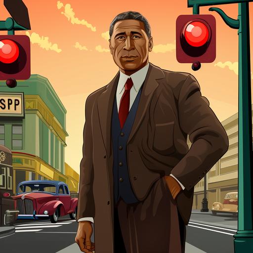 A cartoon-styled Garrett Morgan standing under a traffic light--ar