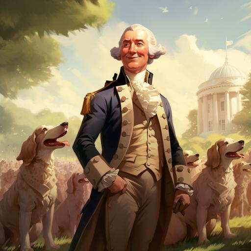 A cartoon-styled George Washington standing in the near several of his beloved dogs, smiling--ar