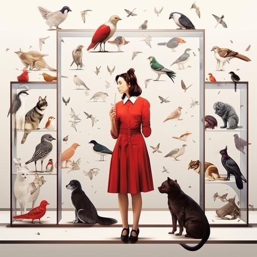 A cat, a dog, a bird and other animals are around a girl, more clear, Art exhibition poster, poster that is not figurative