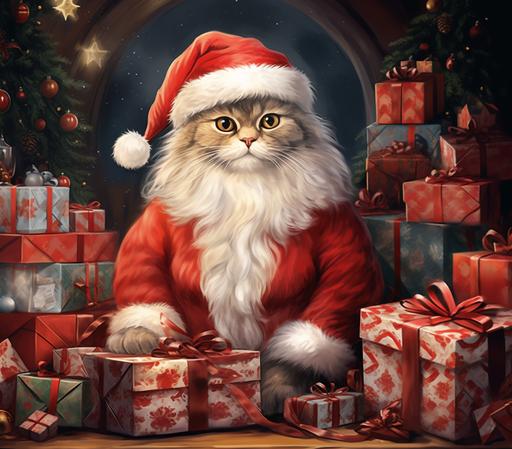 A cat dressed up as Santa Claus, the background full of presents, cartoon style, --ar 2790:2460 --v 5.2