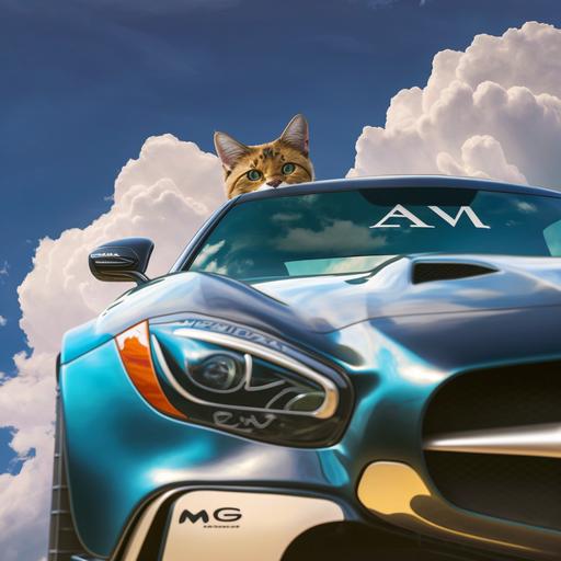 A cat drives an AMG Benz sports car on a blue sky and white clouds morning, with the AMG logo on the upper right corner