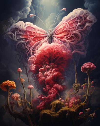 A caterpillar smokes a water pipe, it sits on a dimmed Drosera mushroom, clouds of smoke waft through the floral world around it, pychodelic ambience,wonderfull illustration,focus on caterpillar,wide ankle view,by Juan Diaz Canales,Juanjo Guarnido --s 300 --c 5 --ar 8:10