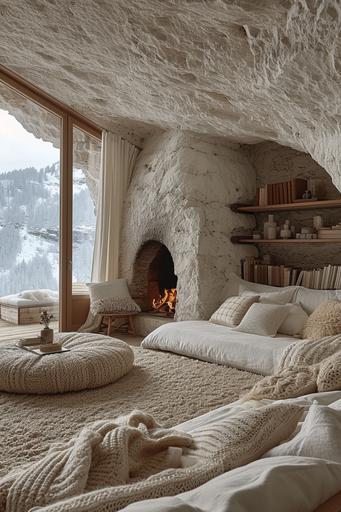 A cave room carved in white sandstone, sleek wall and ceiling stone textures, a fireplace with a fire, a bed with birch wood frame and white cotton beddings, knitted quilts modern geometric bookshelves, small minimalist desk, white lace curtains, weathered wood floorboards, 32K Uhd, outside snowstorm, naturalistic materials, white and light brown, interior architecture magazine photograph --ar 2:3 --stylize 750 --v 6.0