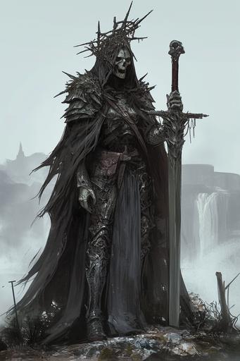 A character design of the Elder God Slayer, with a skull for a face and elaborate horns, wielding an ancient blade. Mist envelops the valley, a waterfall and castle visible in the distant haze. Created Using: gothic elements, sinister aura, detailed bone texture, weapon with runes::1.5 atmospheric perspective, environmental storytelling, high fantasy art, moody lighting --ar 2:3 --niji 6