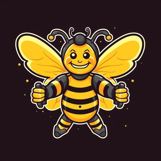A charming bumblebee mascot holding dumbbells, medium: digital illustration, style: simple, playful design with a touch of cuteness, colors: primarily black and yellow, with contrasting bright accents for added visual interest, text: 