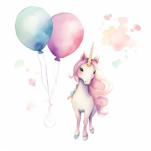 A charming watercolor illustration of a unicorn balloon, soft and delicate colors, perfect for a gender-neutral nursery, high-quality, centered in the middle of the image, solid white background, isolated on white background, ar 2:3