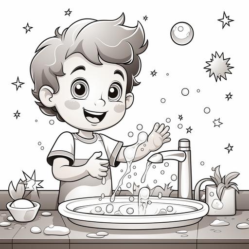 A cheerful child standing at a sink, washing their hands under running water, Bubbles and soap suds floating in the air, children coloring page, simple and clean line art, line drawing style, easy to color, --s 250
