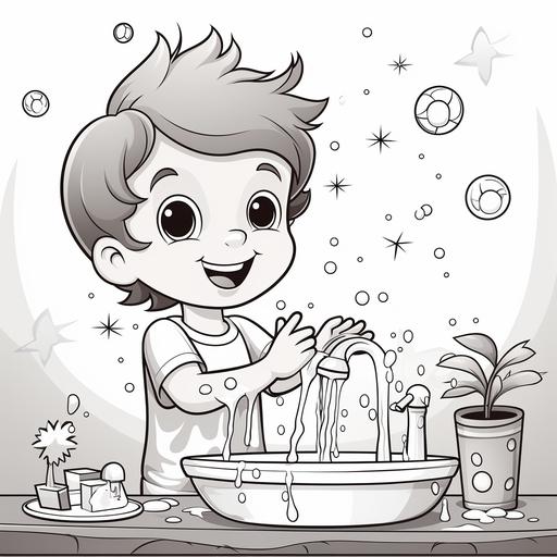 A cheerful child standing at a sink, washing their hands under running water, Bubbles and soap suds floating in the air, children coloring page, simple and clean line art, line drawing style, easy to color, --s 250
