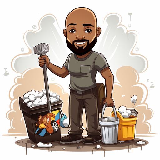 A chibi style illustration with realistic features of a slender tall 40 year old bald melanin African American Man with a black beard with hints of gray who owns a cleaning company. He is dressed in a white t-shirt and khaki pants and brown boots. In his hand he holds a mop. Next to his feet is a bucket of water and cleaning supplies. The man is smiling and inviting. He loves his job. The image is vibrant and colorful. No elements of the image are cut off. There is only a solid white background and the image will be suitable for clipart use
