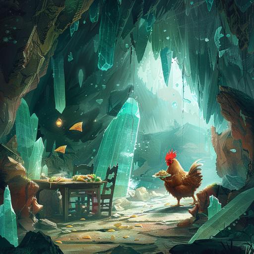 A chicken eating tacos in a Giant Crystal cave. Contemplating life’s mysteries and how he got here.
