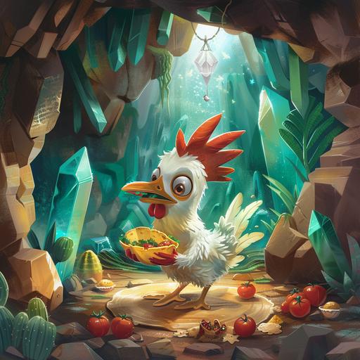 A chicken eating tacos in a Giant Crystal cave. Contemplating life’s mysteries and how he got here.