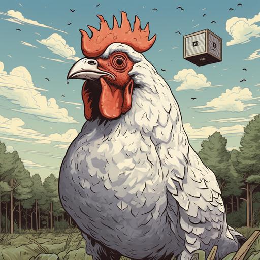 A chicken with a cube head, woods field and sky in background. Illustration, limited color palette, no shading, low detail, bold linework