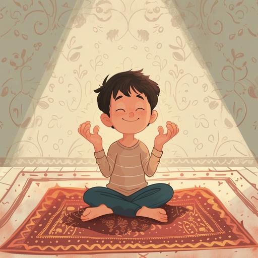 A child sitting on the carpet and raising his hands and praying to God cartoon style --v 6.0