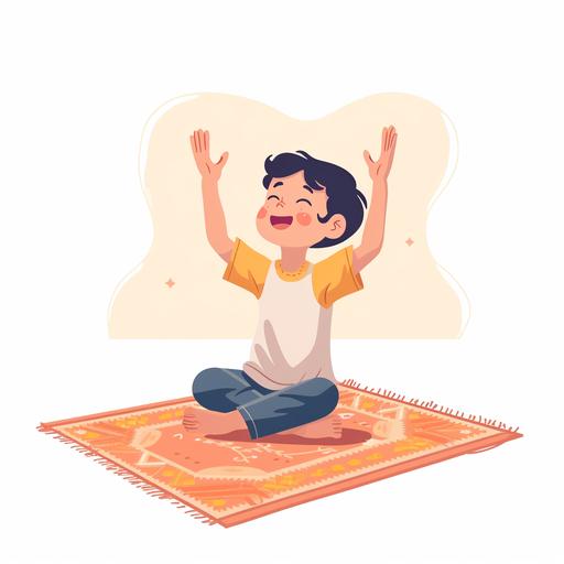 A child sitting on the carpet and raising his hands and praying to God cartoon style --v 6.0