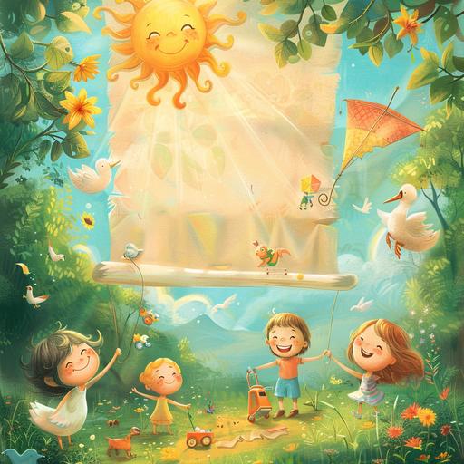 A childish , 2D, cartoonish picture. background of a sunny day in nature. A giant empty scroll vertically opened with little children playing with toys beneath the scroll. there should also be a swan and its offspring there. everybody smiles. there should also be a smiling sun above and a smiling kite. the scroll should occupy 95% of the picture and be extra close to the viewer point of view, just as if the picture was taken by a camera, the scroll be just 50 centimetres away from the camera lens. the scroll should be the main display. the natural background should be visible but should not occupy more than 5% of the picture. make the scroll big enough so if it were a billaboard you could write with huge letters on it. leave the scroll empty.