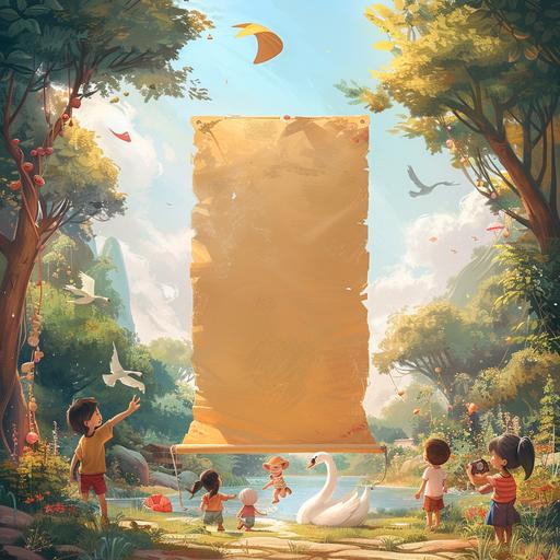 A childish , 2D, cartoonish picture. background of a sunny day in nature. A giant empty scroll vertically opened with little children playing with toys beneath the scroll. there should also be a swan and its offspring there. everybody smiles. there should also be a smiling sun above and a smiling kite. the scroll should occupy 95% of the picture and be extra close to the viewer point of view, just as if the picture was taken by a camera, the scroll be just 50 centimetres away from the camera lens. the scroll should be the main display. the natural background should be visible but should not occupy more than 5% of the picture. make the scroll big enough so if it were a billaboard you could write with huge letters on it. leave the scroll empty.