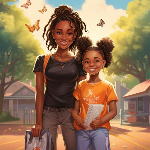 A childrens book cover caramel 4 year old girl with barrets in her hair with a butterfly skirt and shirt with some white air force one shoes on standing next to her 15 year old caramel sister that has a bun in her hair and a crossbody purse smiling standing in the parking lot smiling looking at the entrance of the zoo